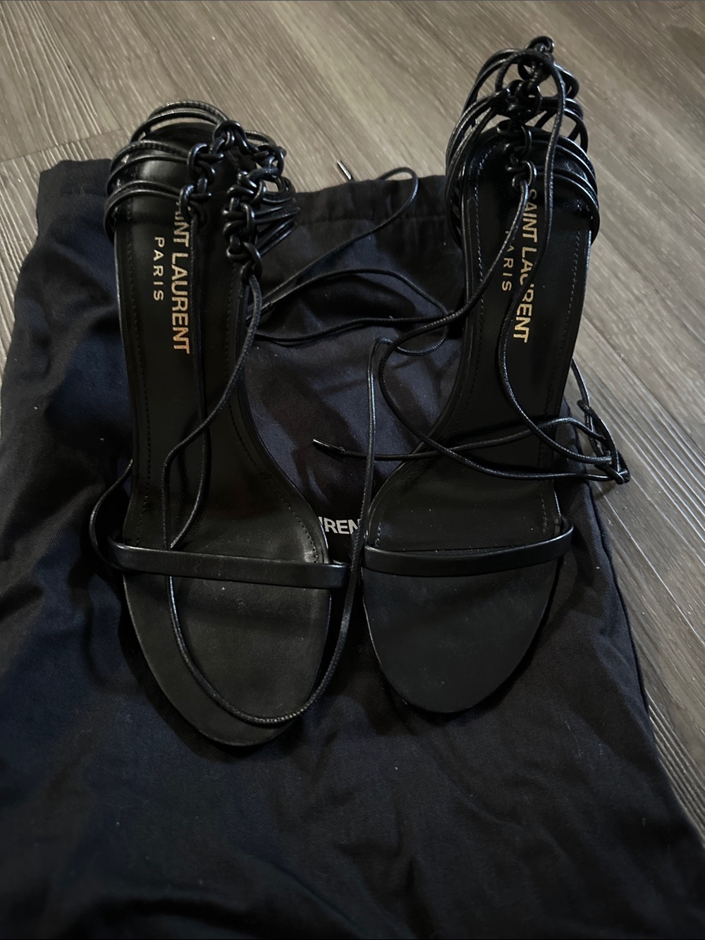 Saint Laurent Black Lace-Up Strappy Heeled Sandals